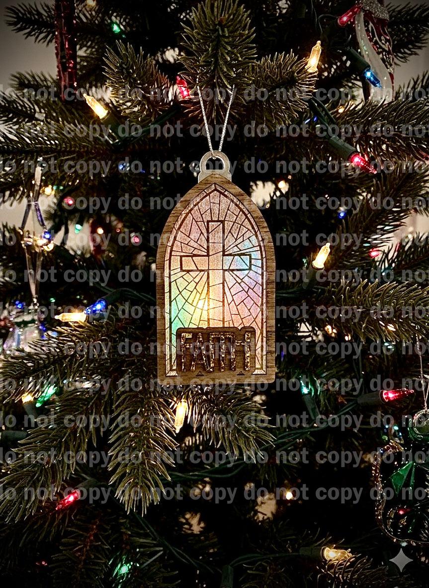 Stained glass cross chapel window ornament laser cut and engraved