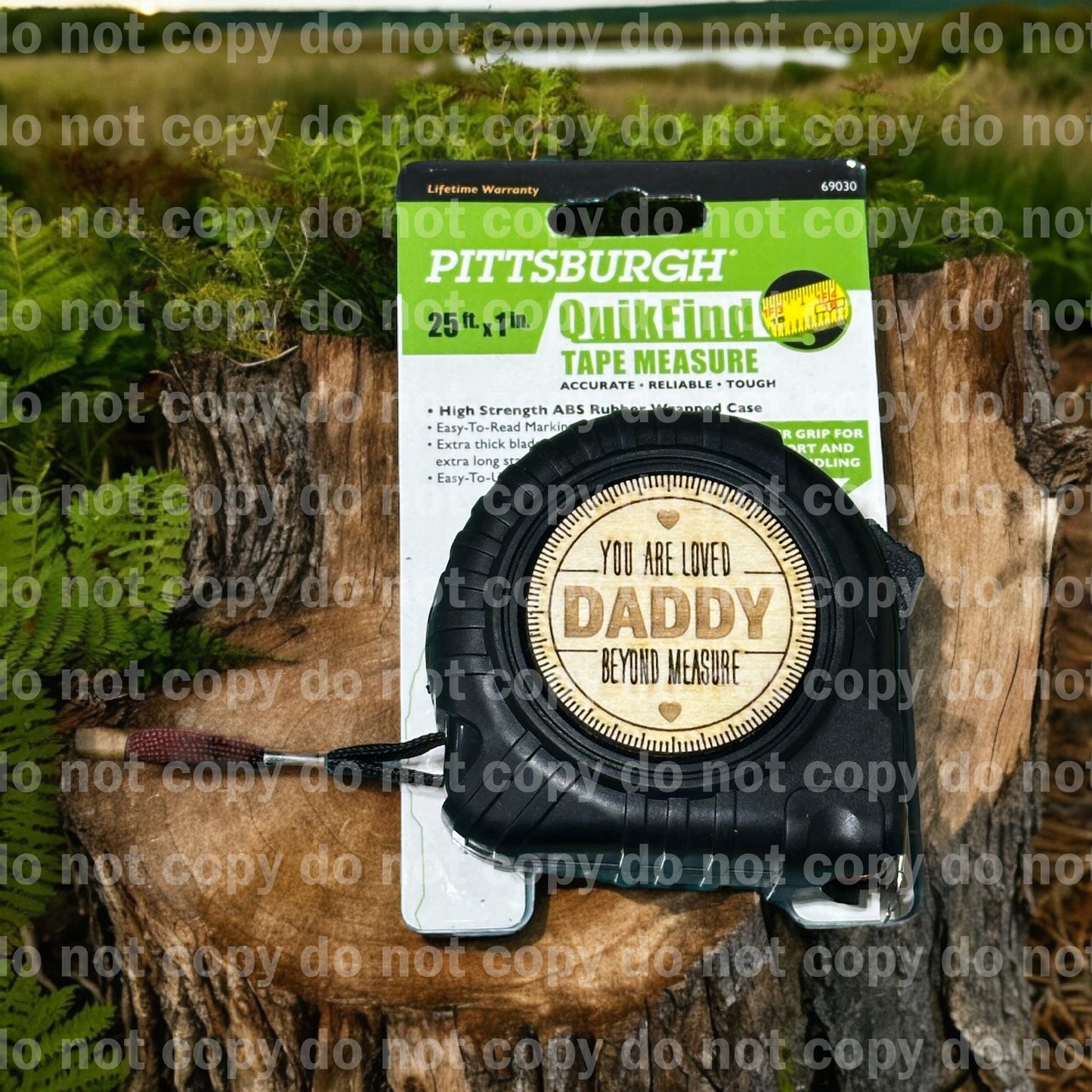 Measuring tape with personalized engraved wood disk