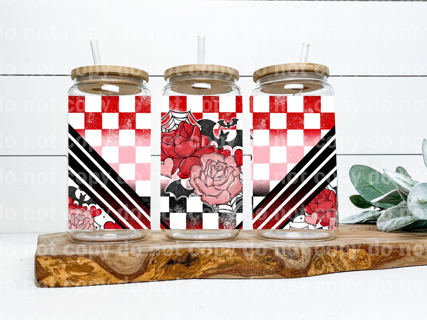Bat and Roses Valentine Checkered 16oz Cup Wrap
