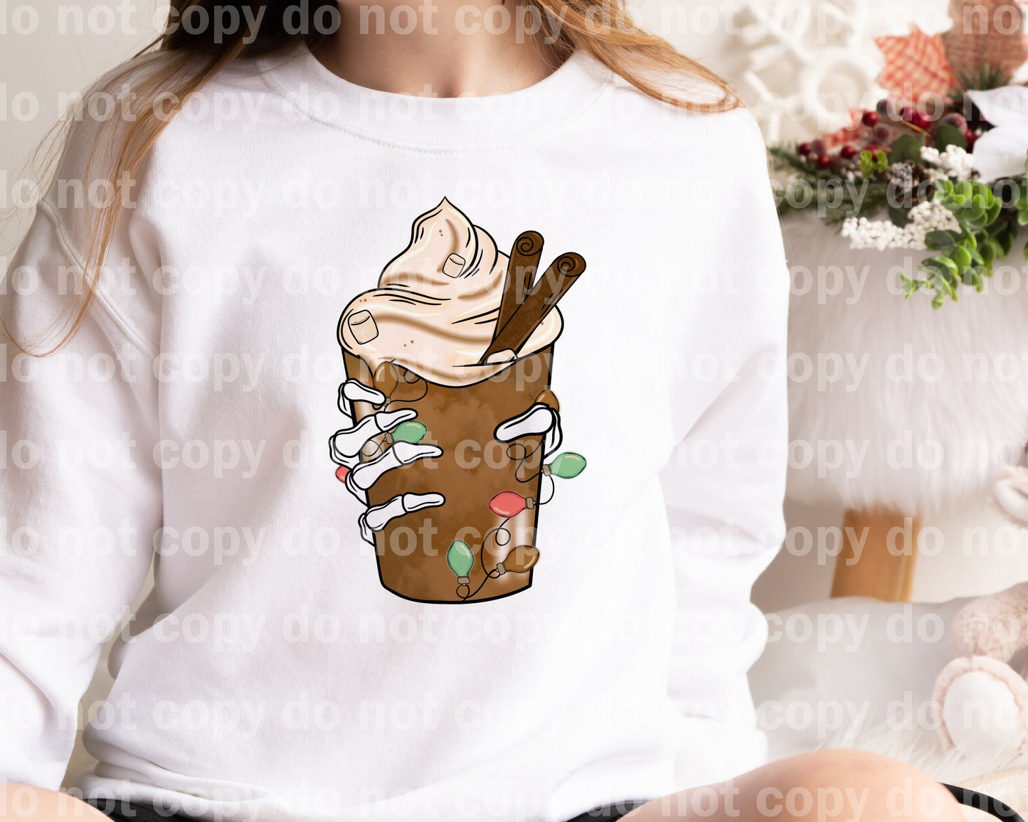 Hot Cocoa Skellie With Optional Two Rows Christmas Lights Sleeve Design Dream Print or Sublimation Print