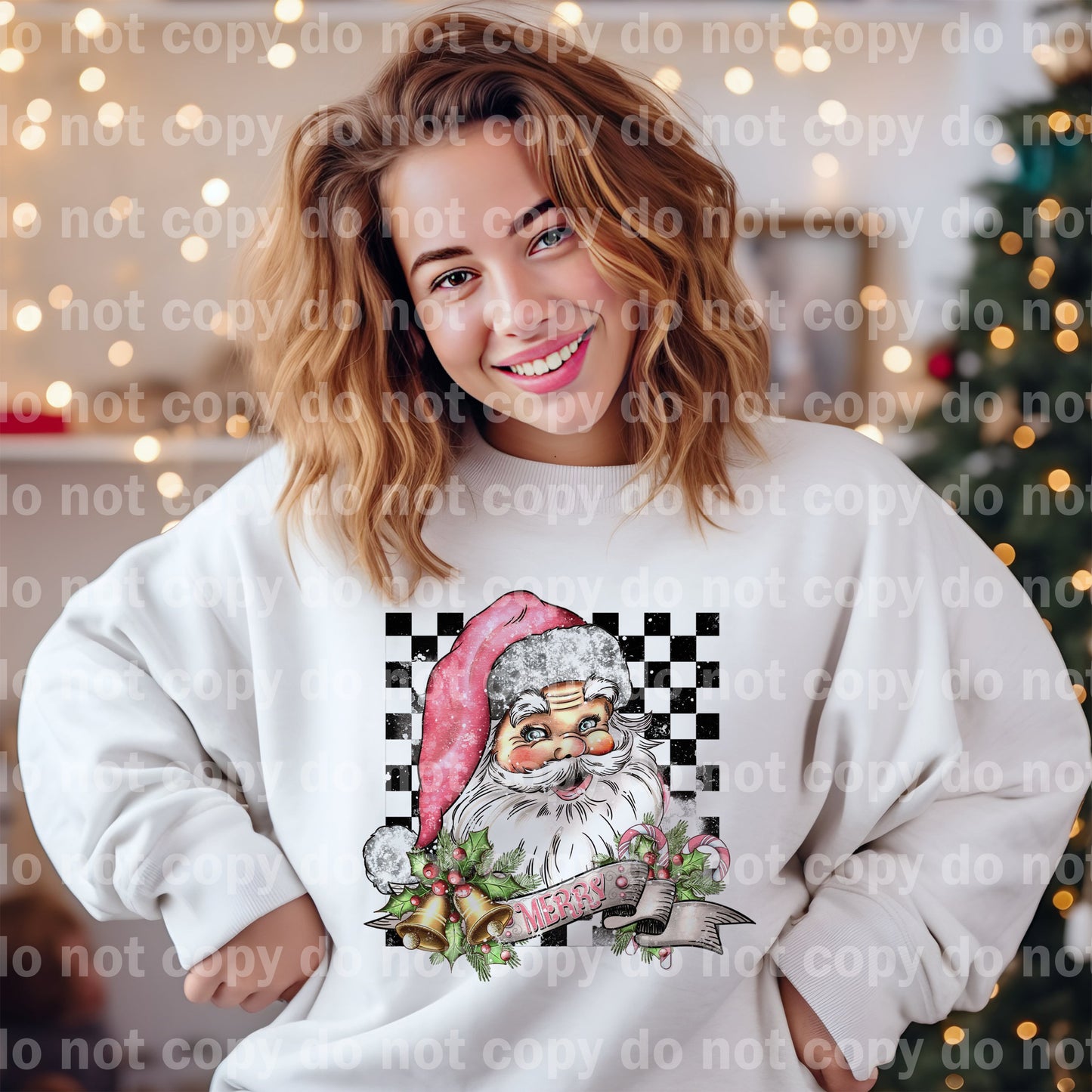 Merry Vintage Santa Checkered Background with Optional Sleeve Design Dream Print or Sublimation Print
