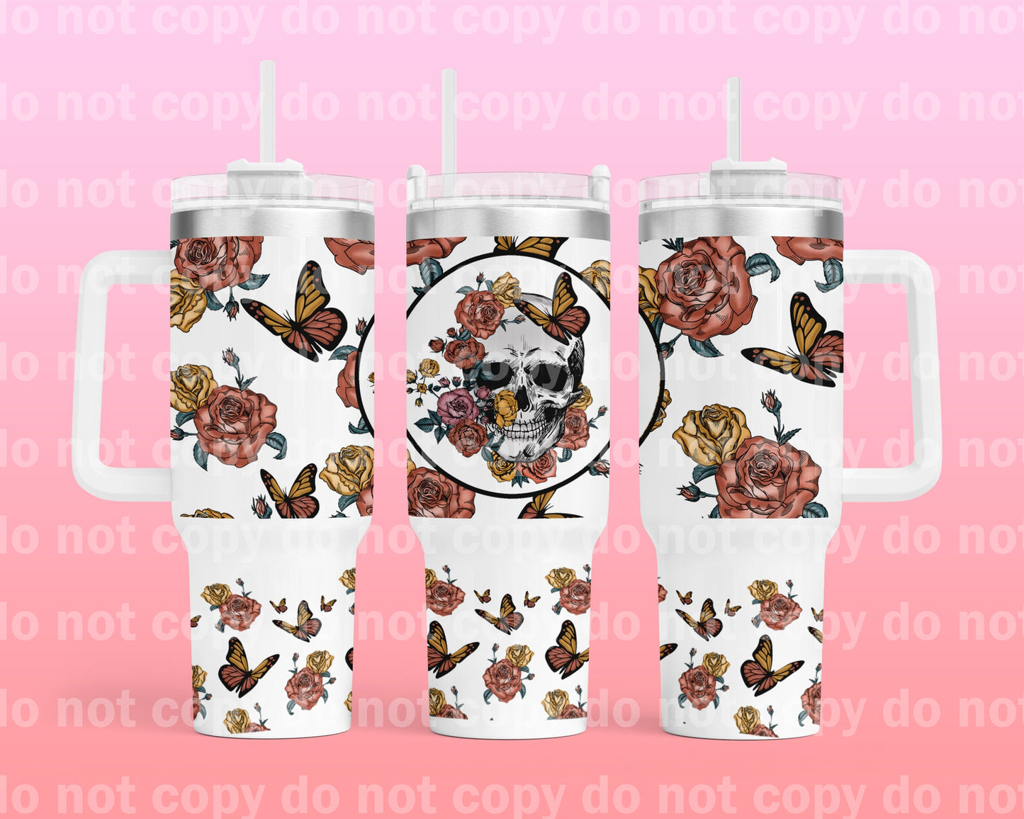 Skellie With Flowers And Butterflies Bottom Option 40oz Cup Wrap