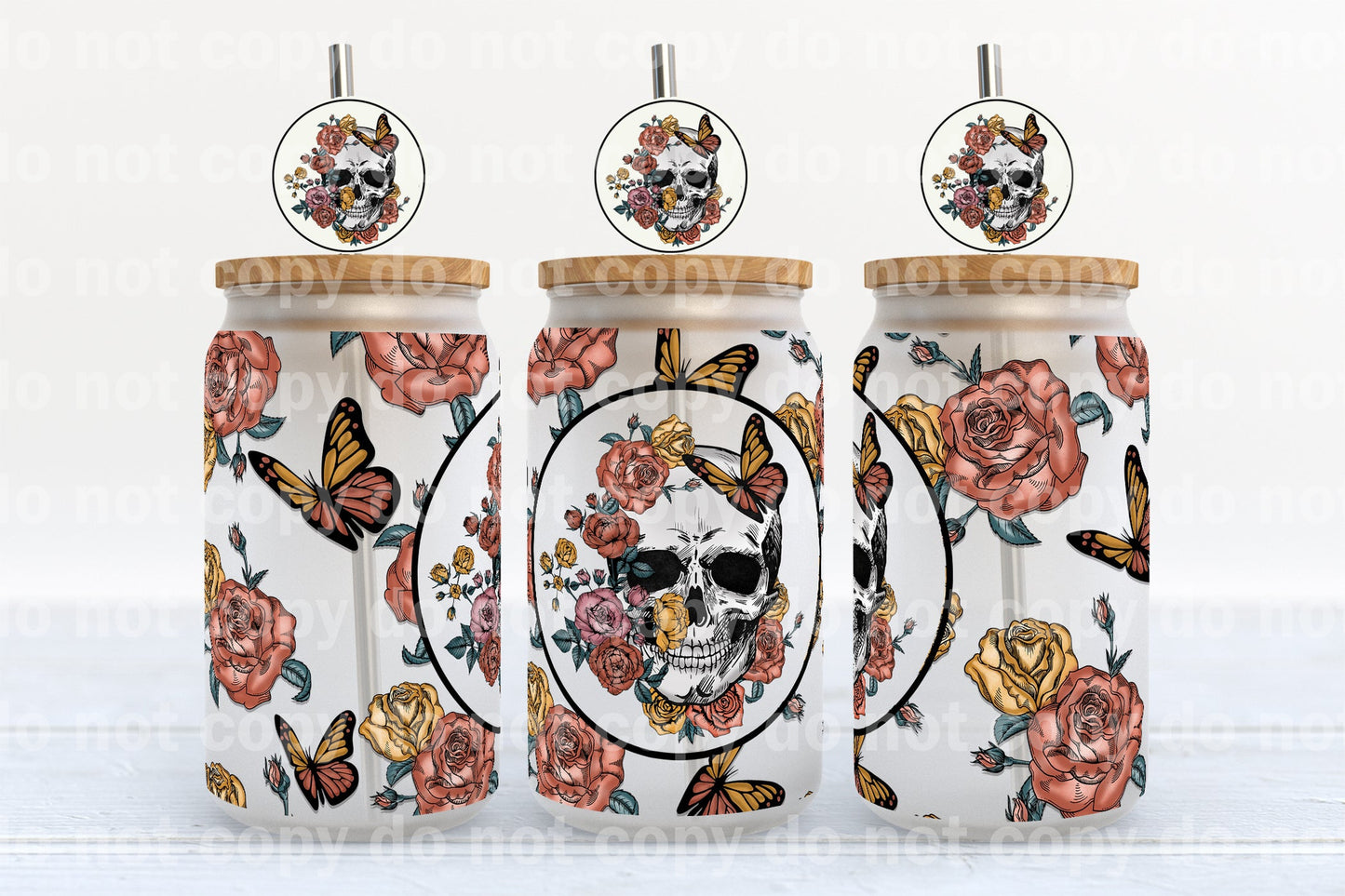 Calavera Skellie con flores y mariposas, envoltorio para taza de 16oz