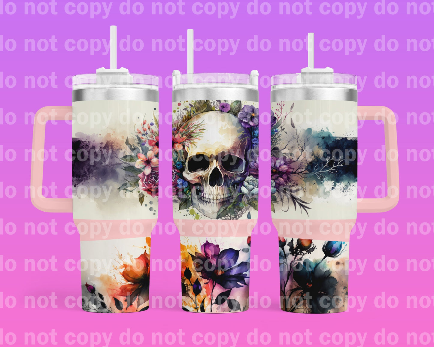 Acuarela floral de calavera con envoltura de taza de 40 oz con opción inferior