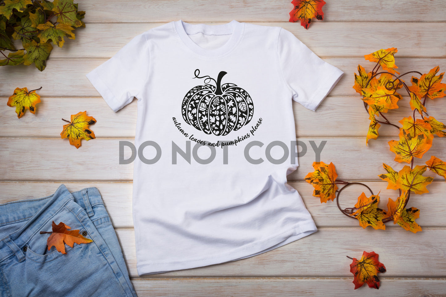 Autumn leaves and Pumpkin please Black Sublimation print