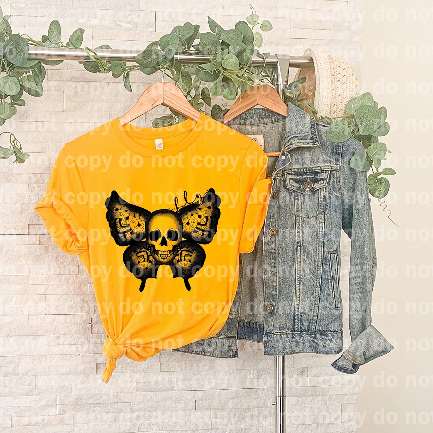 Fly Butterfly Skull BLACK INK one color Screen print transfer