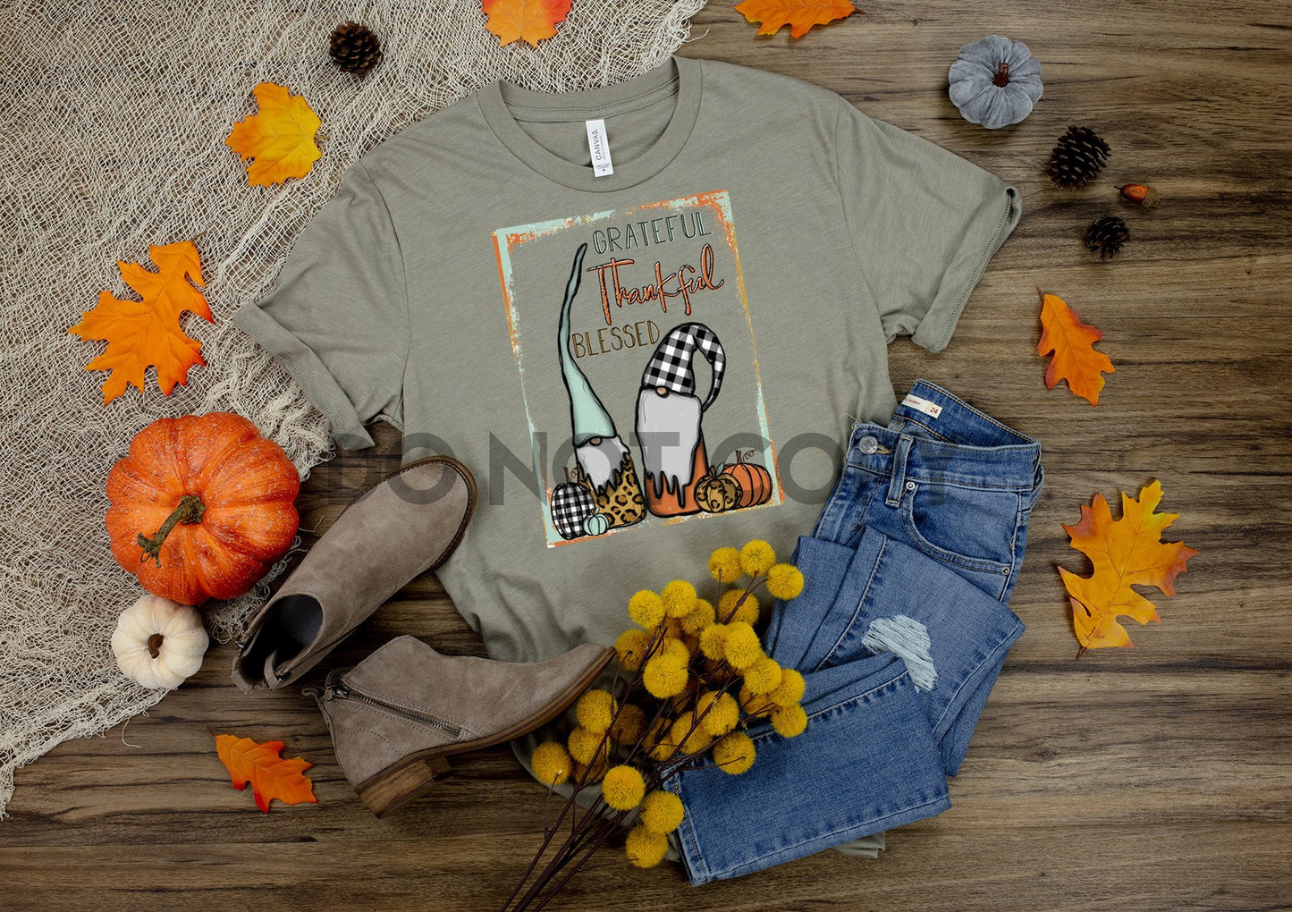 Thankful Grateful Blessed fall thanksgiving gnomes pumpkins full color screen print transfer