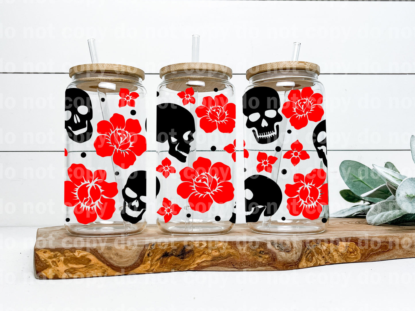Black Skellie red flowers floral Rose 16oz Cup Wrap