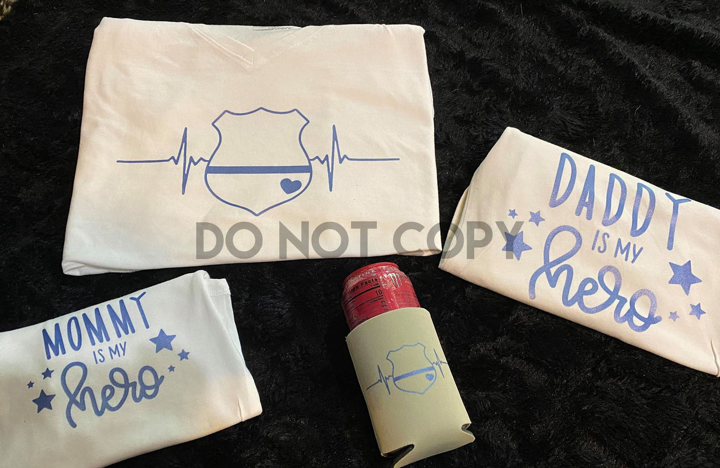 Papá es mi héroe Policía Línea azul Azul metalizado un color Serigrafía transfer