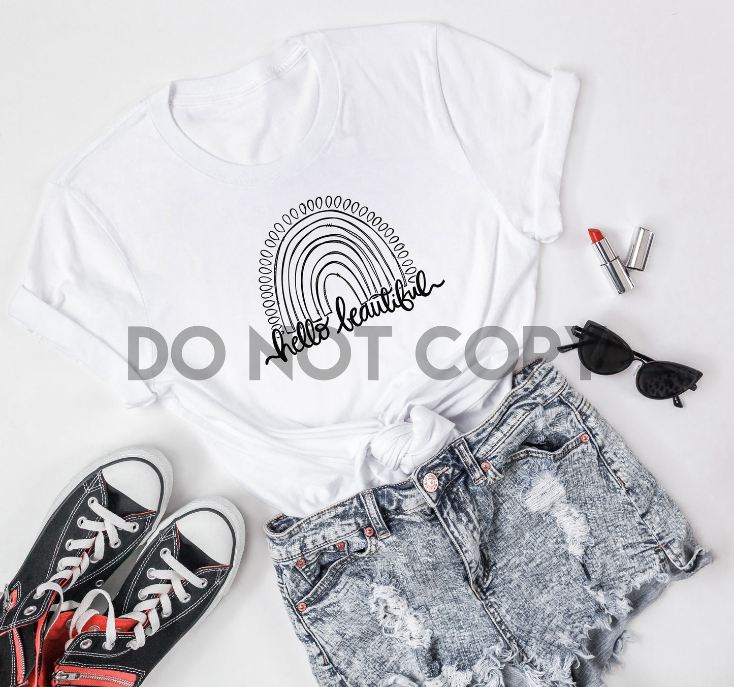 Hello Beautiful Rainbow Black Line Art Sublimation print