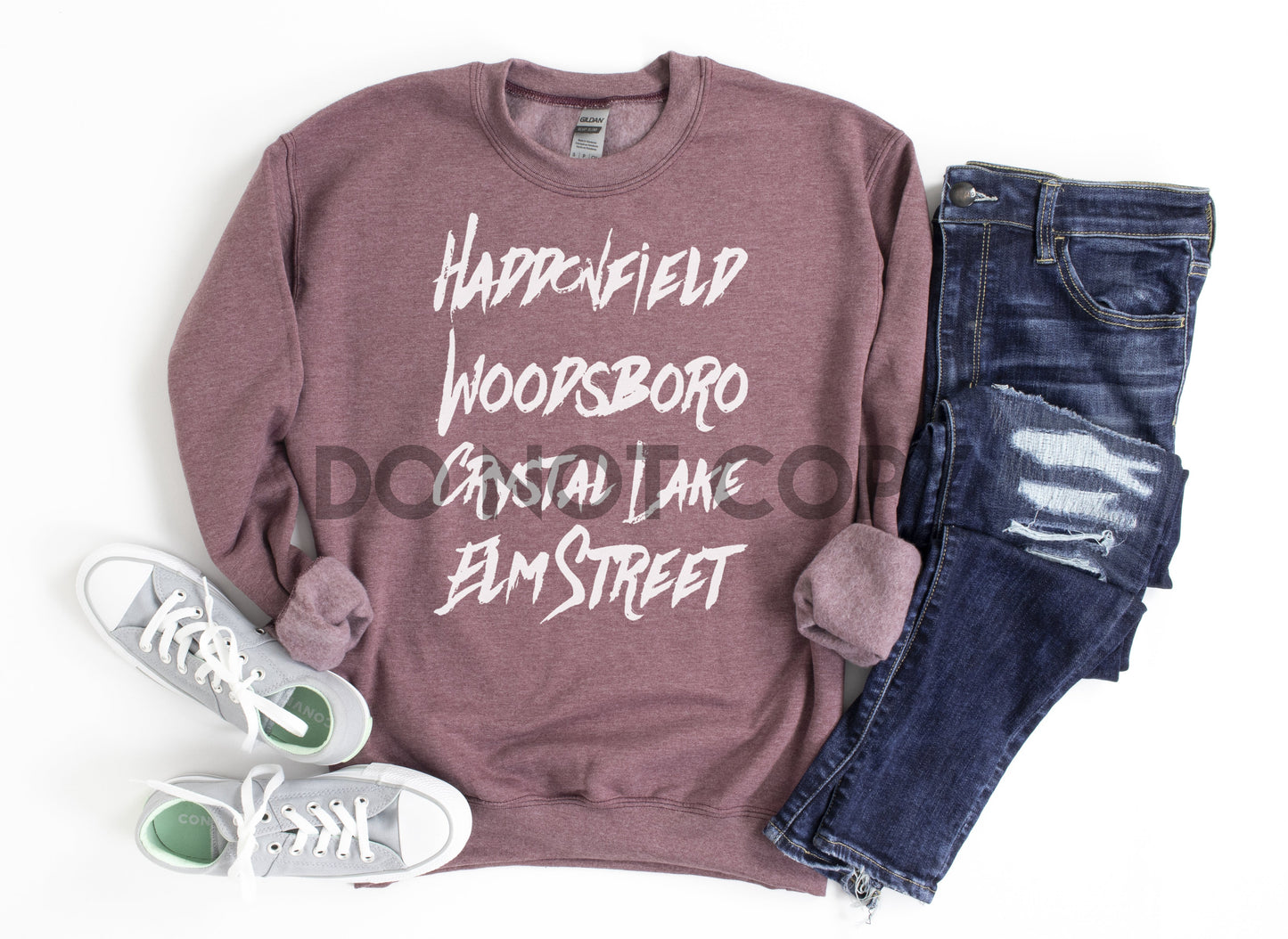 Haddonfield Woodsboro Crystal Lake Elm Street Horror towns White text one color Screen print transfer