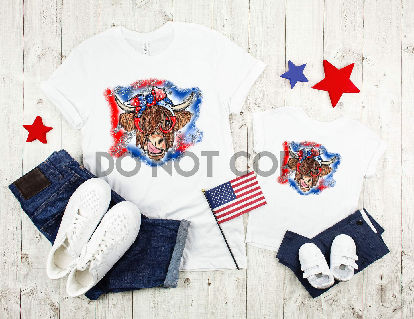 Familia de vacas peludas patrióticas conjunto a juego mamá y yo ALTO CALOR Transferencia de impresión de pantalla a todo color