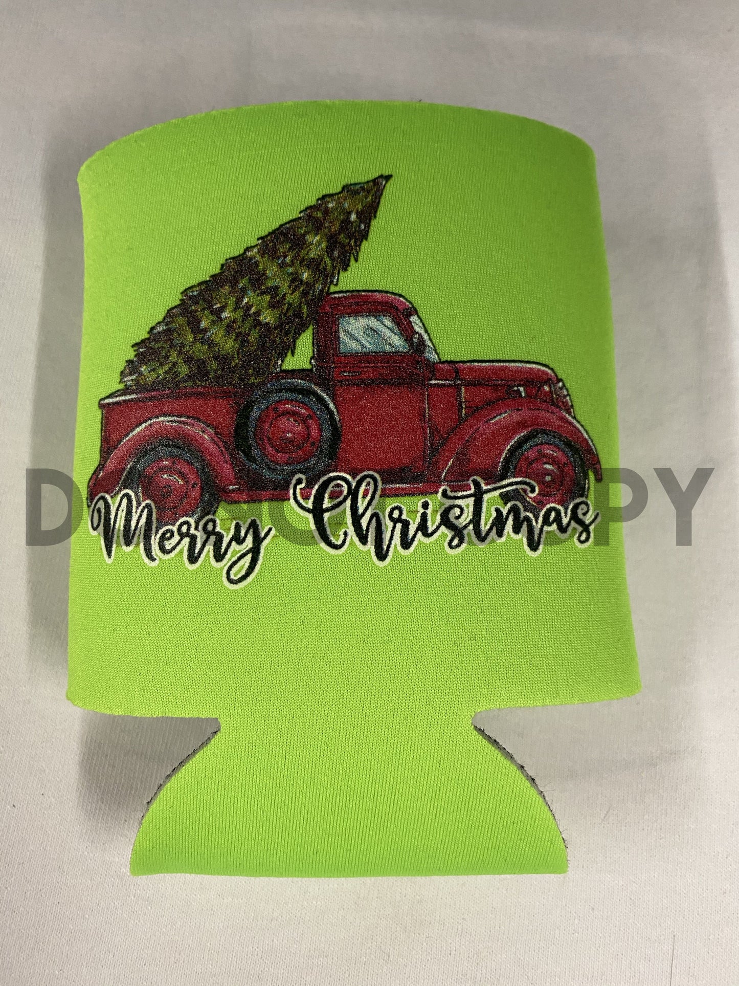 Vintage truck Christmas Tree Merry christmas Coozie can hugger high heat Full color Screen Print transfer
