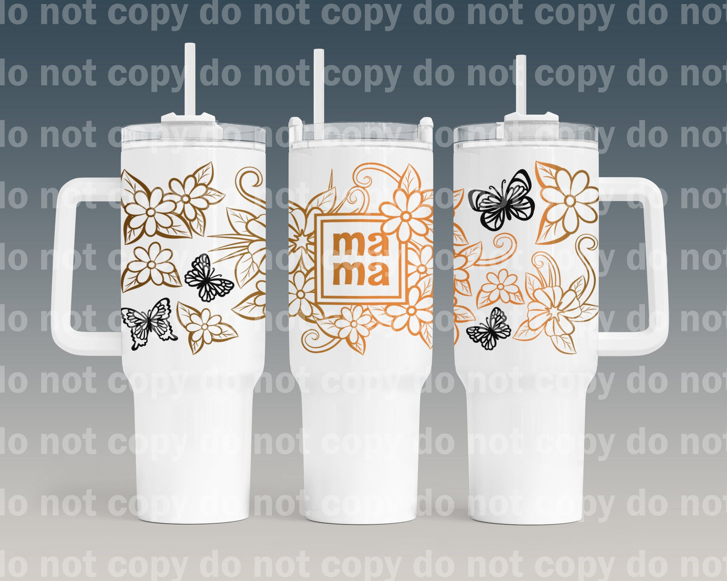 Mama Butterflies Flowers Gold Cup Wrap 40oz Cup Wrap with Matching Handle Print