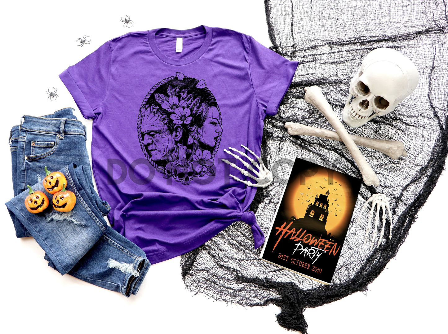 Monster couple Frankenstein and bride one color Screen print transfer black ink