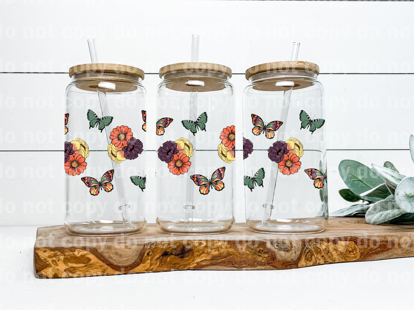 Peach Purple Flowers And Jade Butterflies 16oz Cup Wrap 9.75 x 3