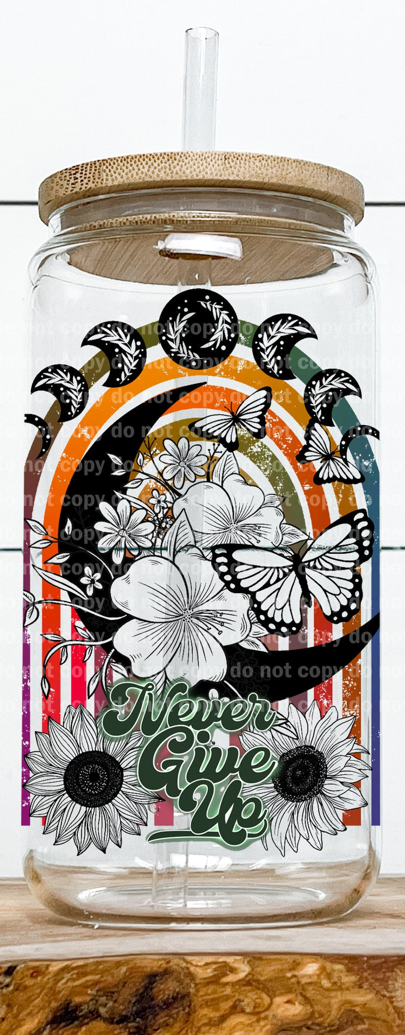 Calcomanía Nunca te rindas con flores y mariposas 2,9 x 4