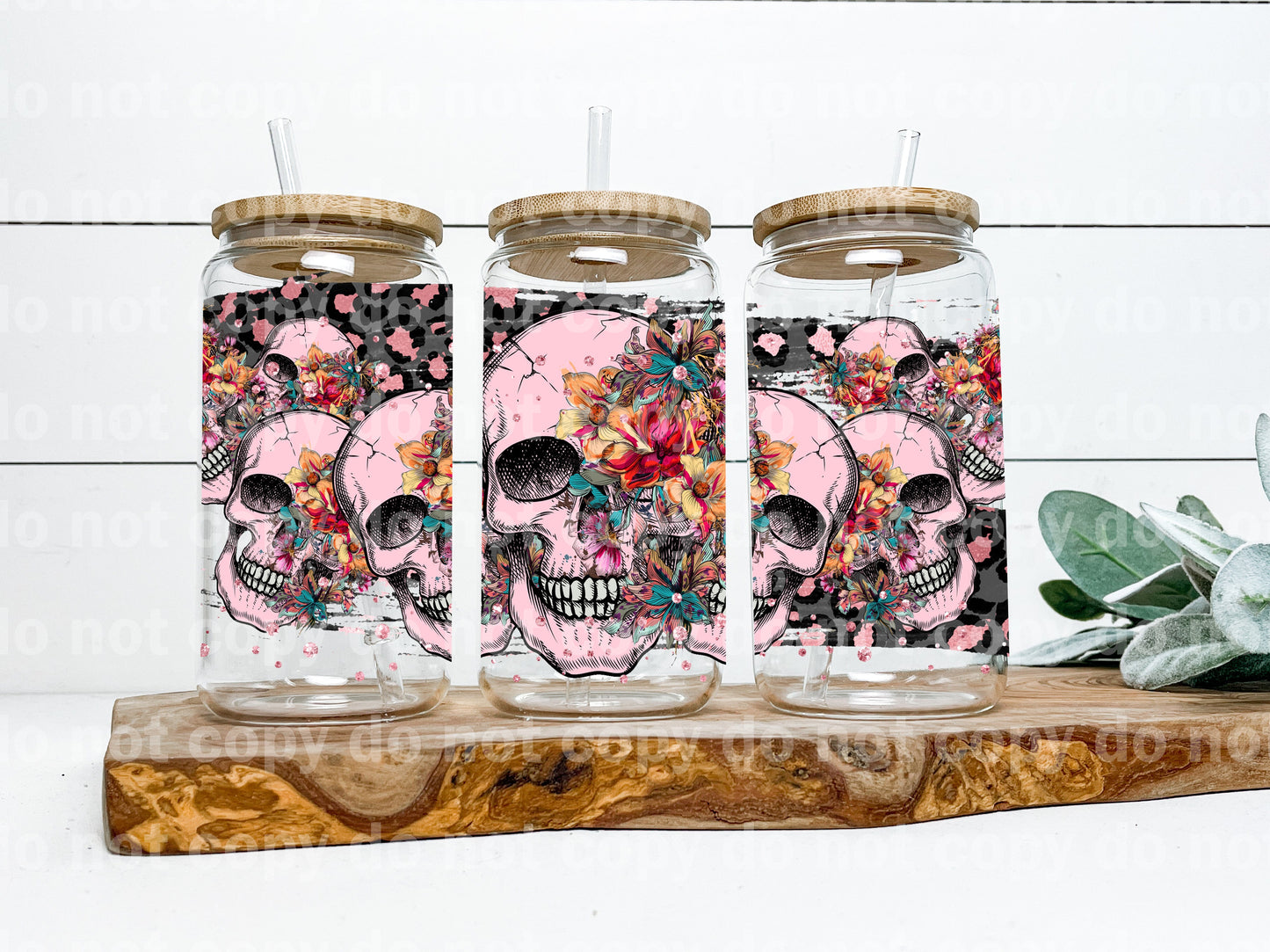 Floral Pink Skull Leopard Print 16oz Cup Wrap