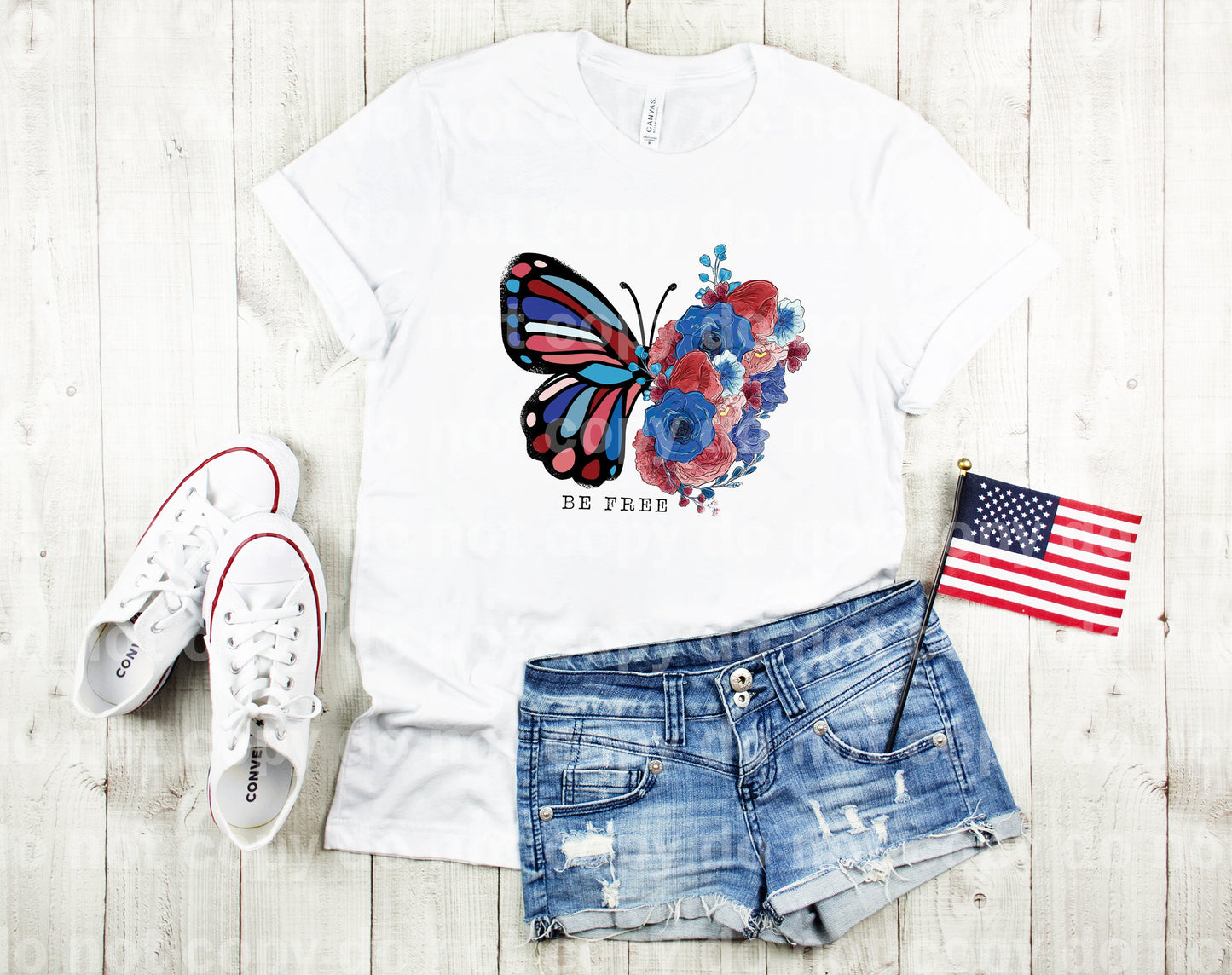 Be Free red white and blue floral patriotic Butterfly Dream Print or Sublimation Print