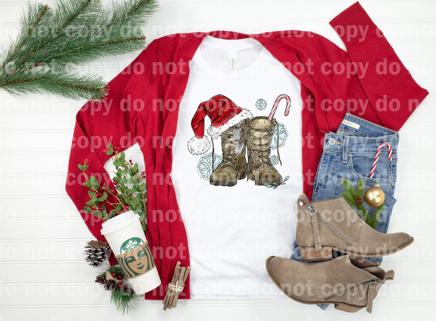 Botas militares y gorro de Papá Noel Impresión de ensueño o impresión por sublimación