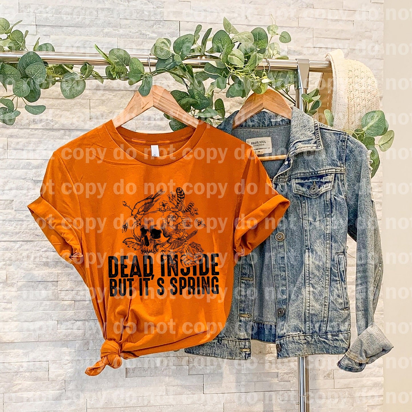 Dead Inside But It's Spring Skull Floral Black Dream print transfer