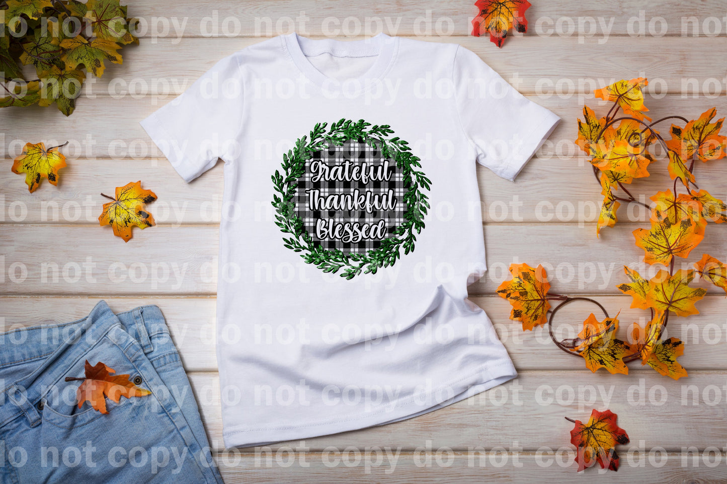 Grateful Thankful Blessed Wreath White Black Plaid Dream Print or Sublimation Print