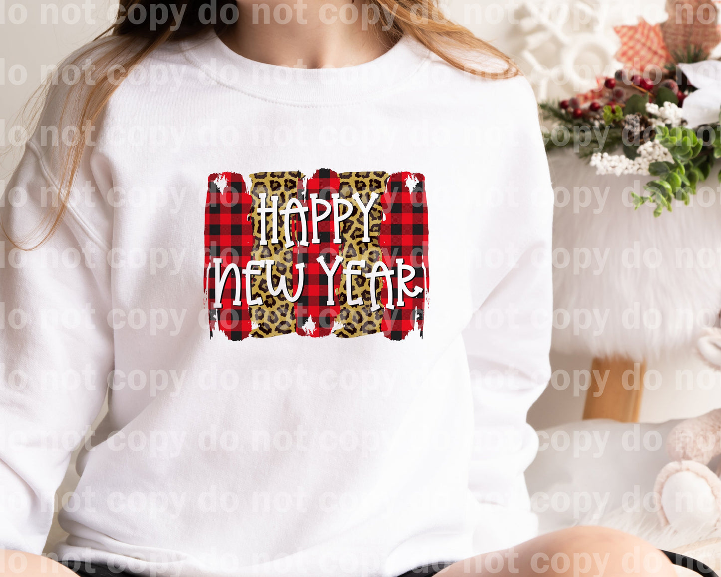 Happy New Year Leopard Print Red Plaid Brush Stroke Dream Print or Sublimation Print