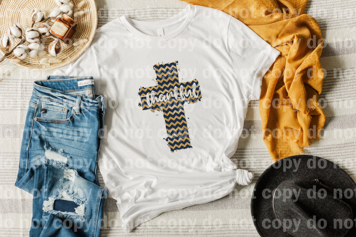 Thankful Blue Gold Pattern Cross Dream Print or Sublimation Print
