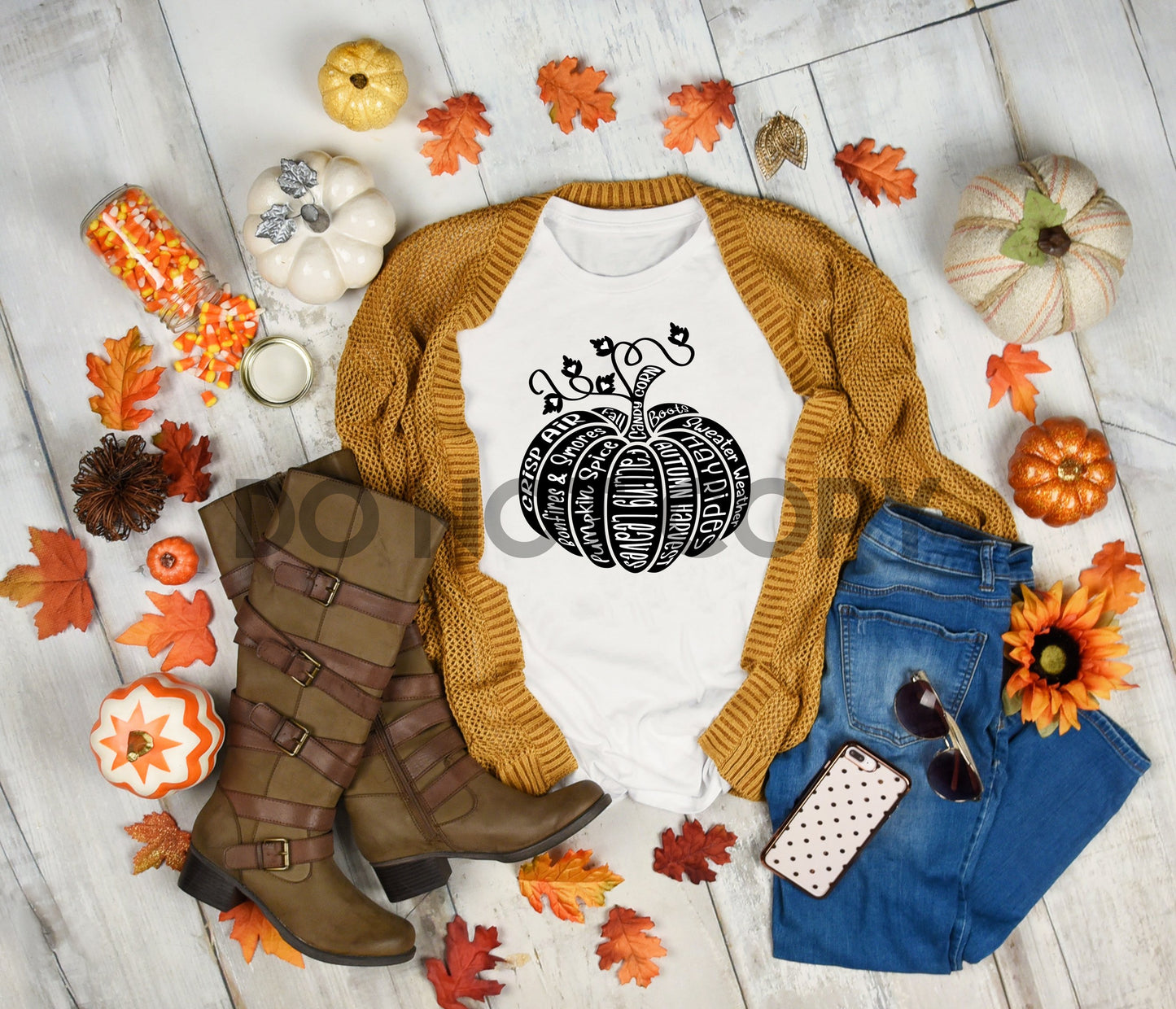 Pumpkin with Leaves Word Art Black Sublimation print