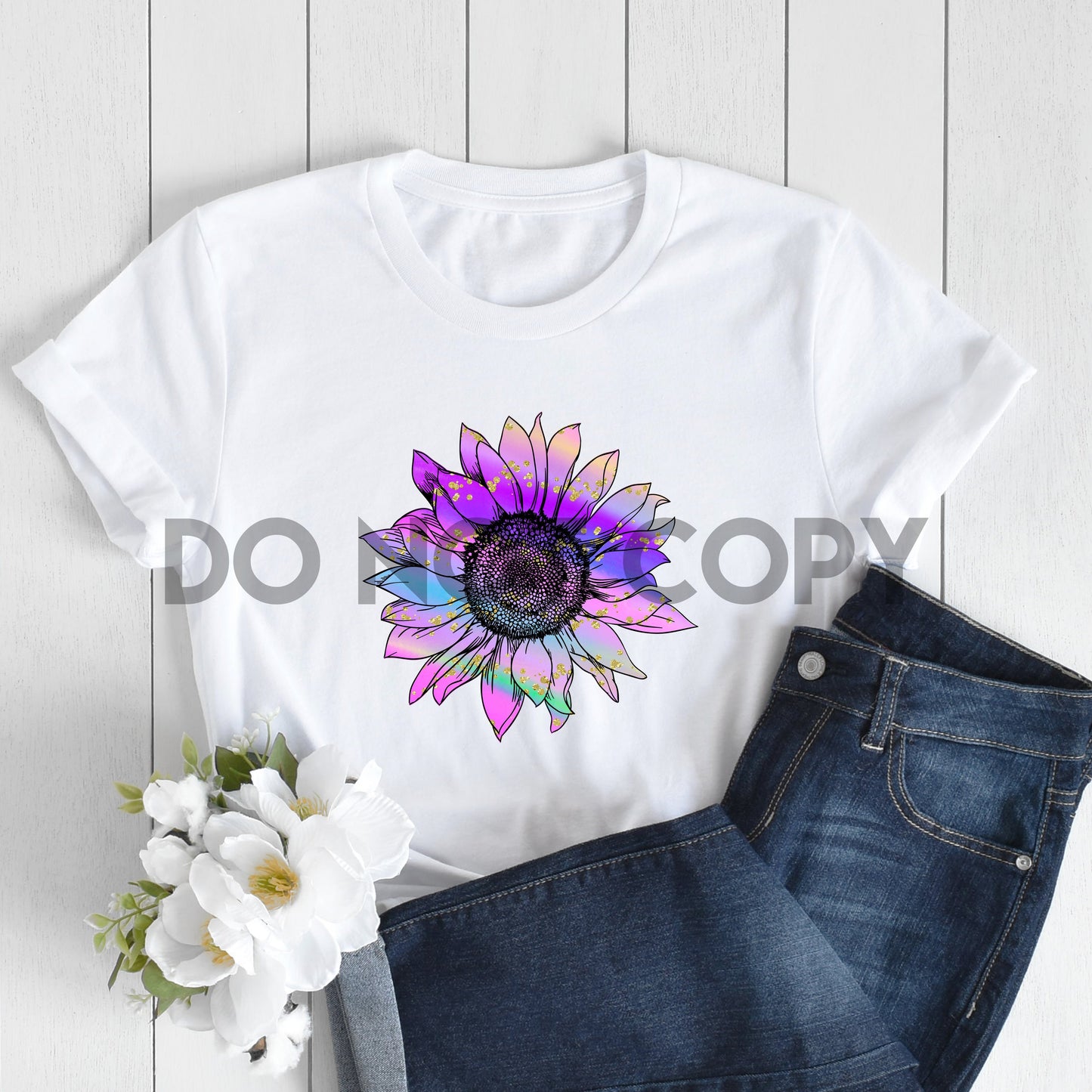 Impresión por sublimación de girasol colorido con motas doradas