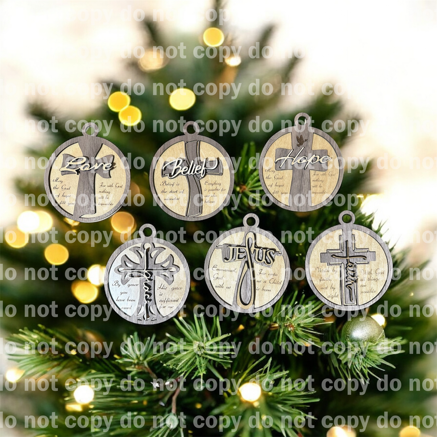Layered Walnut & Birch Faith Ornament Set – Laser Engraved Christian Christmas Decor