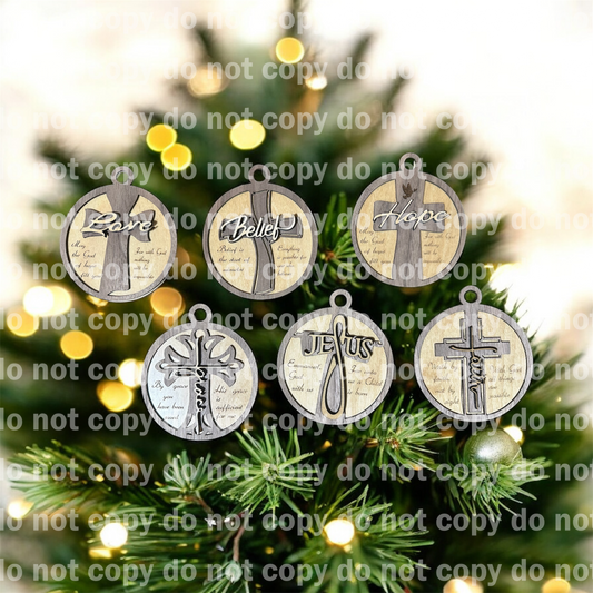 Layered Walnut & Birch Faith Ornament Set – Laser Engraved Christian Christmas Decor