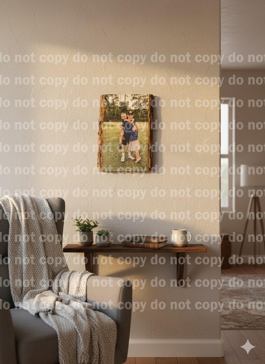 Custom UV Printed Real Wood Slab Wall Art – Personalized Photo or Artwork on Natural Bark Edge (Rectangular, Oval, or Round – Choose Your Display Style)