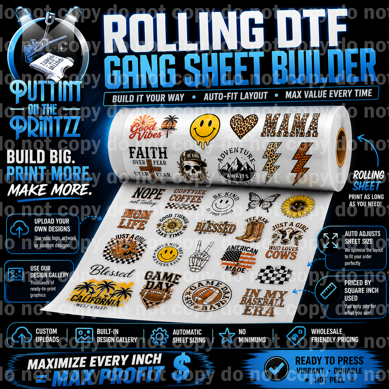 Rolling DTF Gang Sheet Builder - Use Custom uploads and gallery files - Sheet adjusts to fit your order automatically