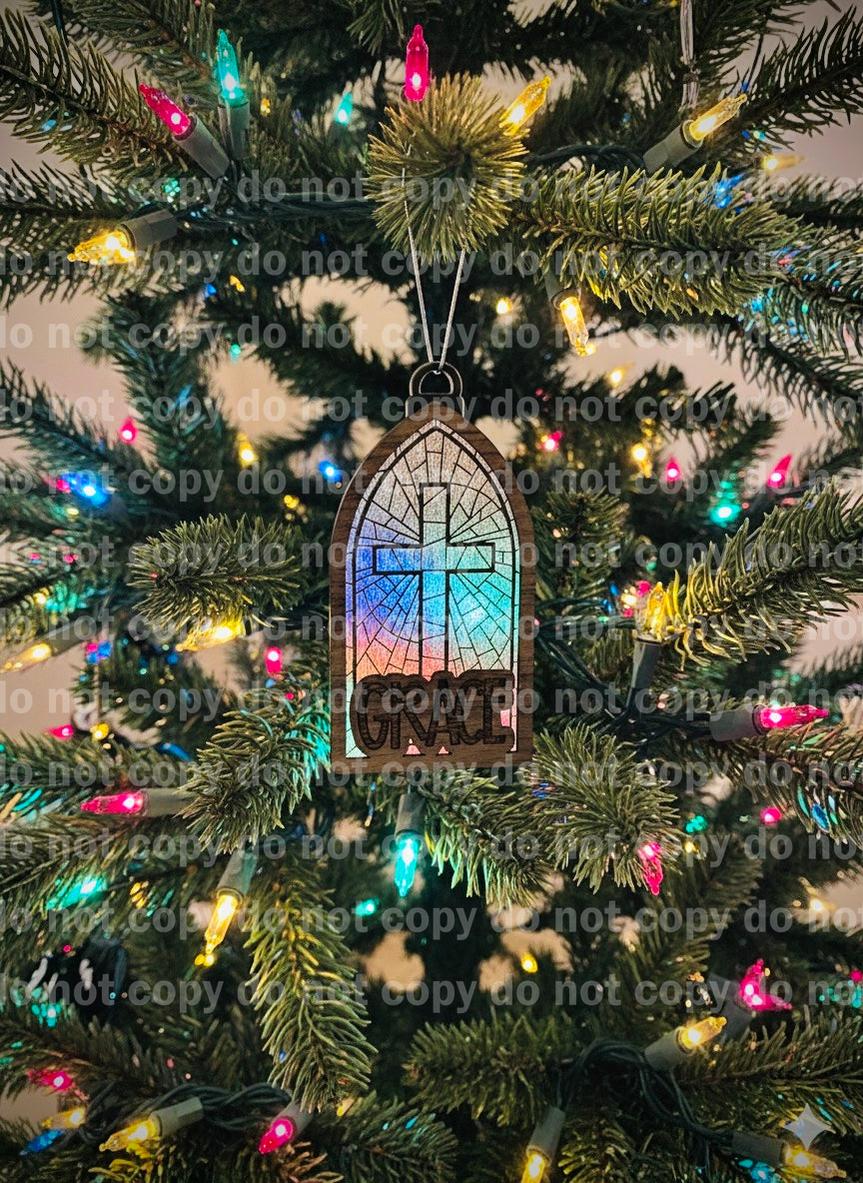 Stained glass cross chapel window ornament laser cut and engraved