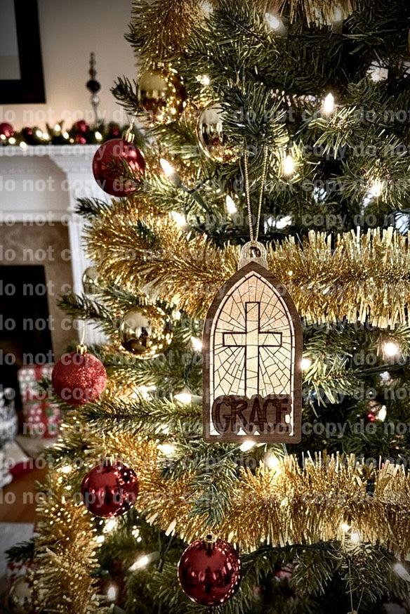 Stained glass cross chapel window ornament laser cut and engraved