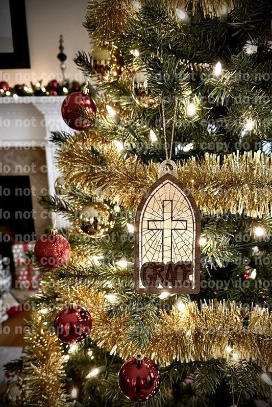 Stained glass cross chapel window ornament laser cut and engraved
