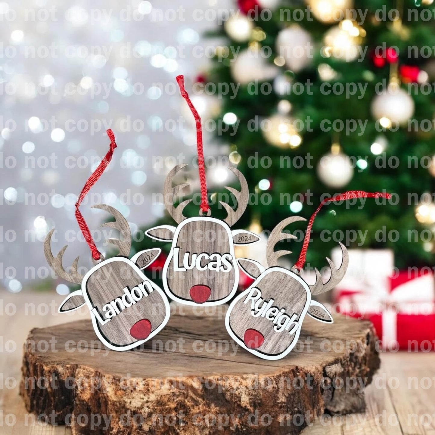 Personalized wood reindeer ornament laser cut and engraved