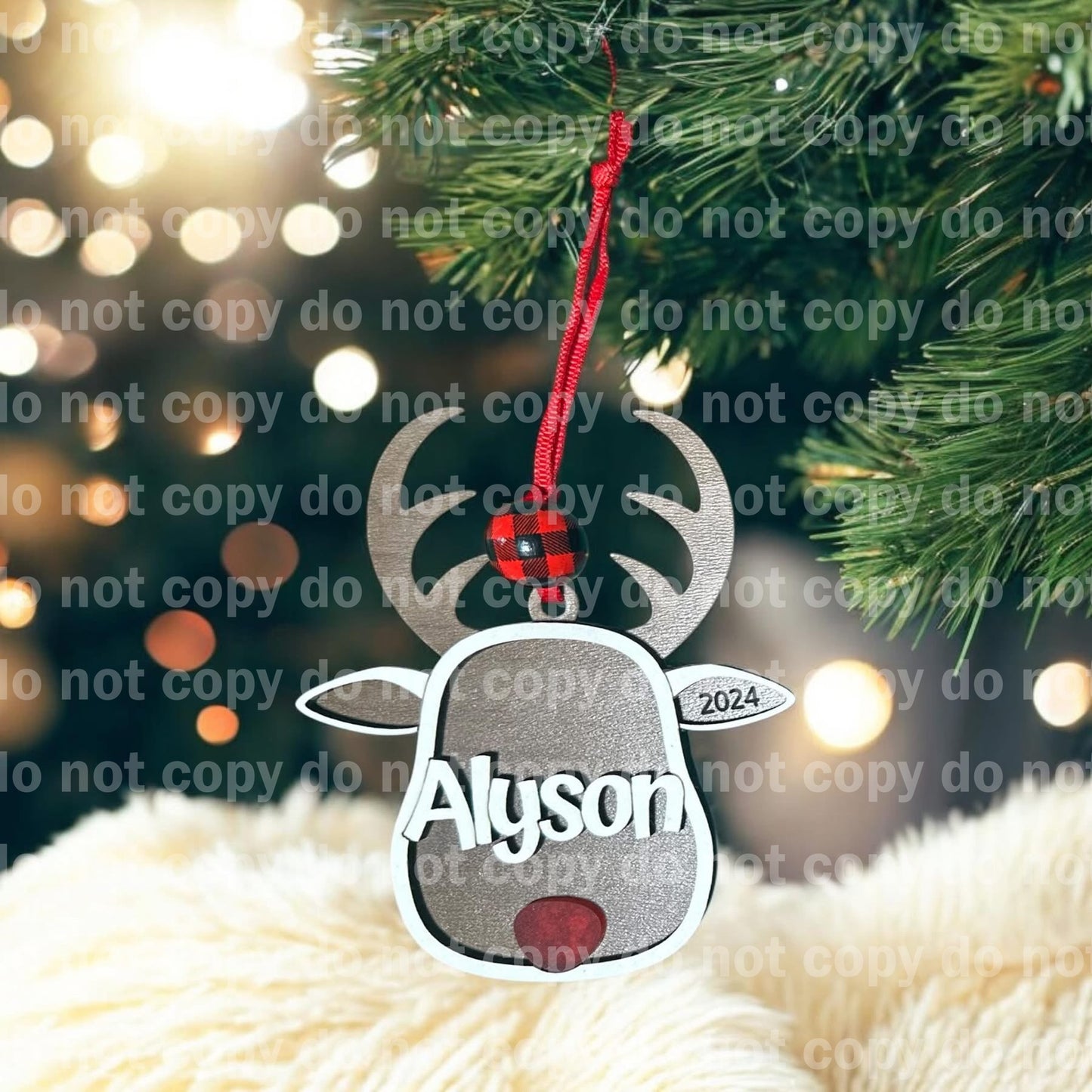 Personalized wood reindeer ornament laser cut and engraved