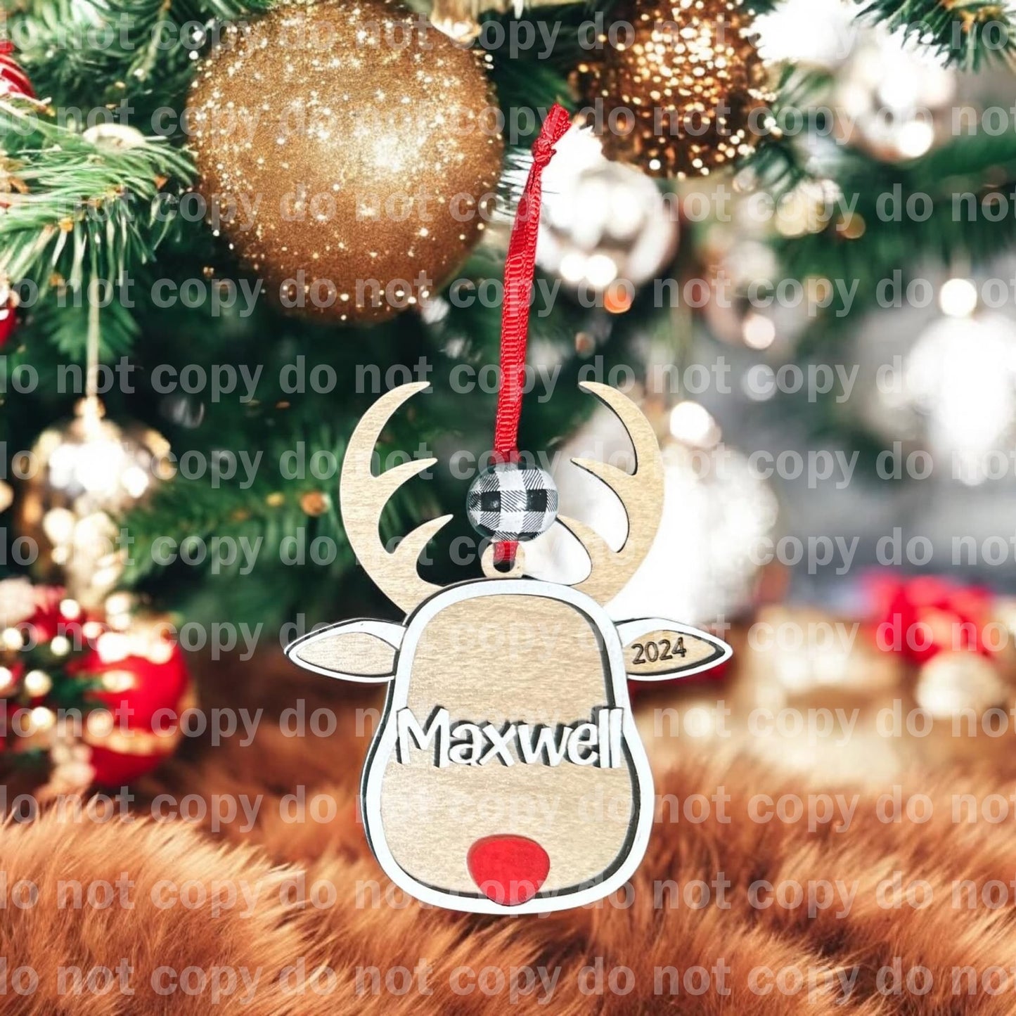 Personalized wood reindeer ornament laser cut and engraved