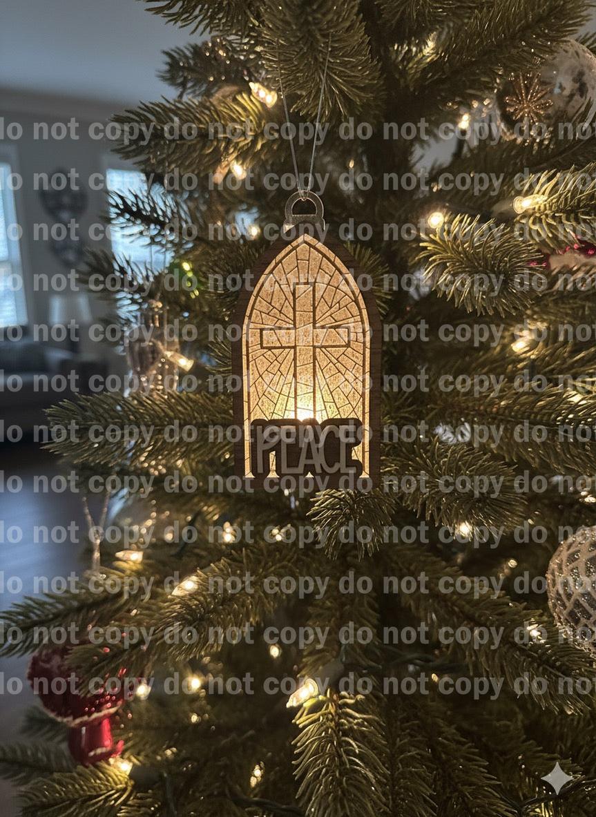 Stained glass cross chapel window ornament laser cut and engraved