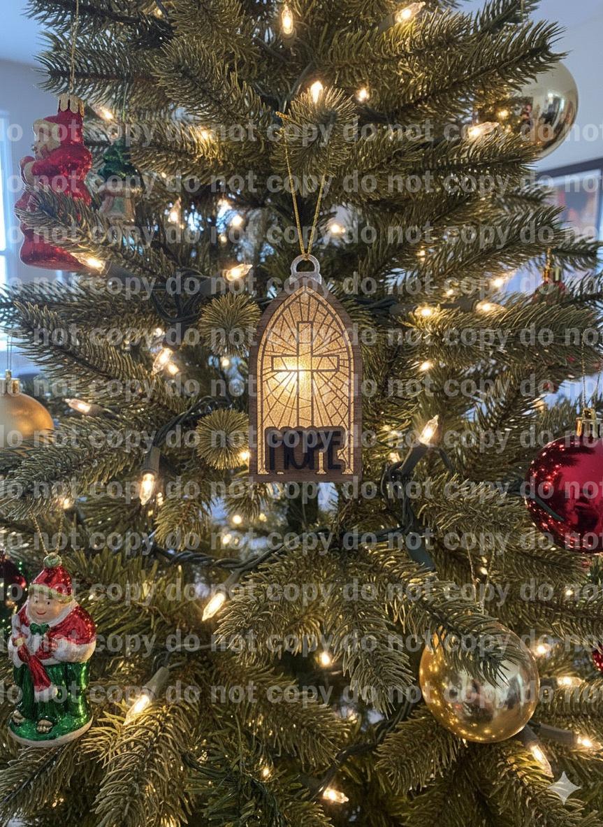 Stained glass cross chapel window ornament laser cut and engraved