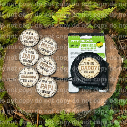 Measuring tape with personalized engraved wood disk