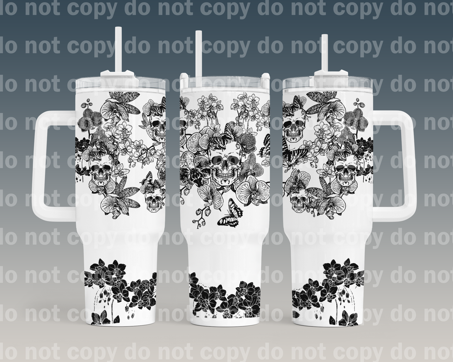 Black Outline Orchids and Skulls with Bottom Option 40oz Cup Wrap