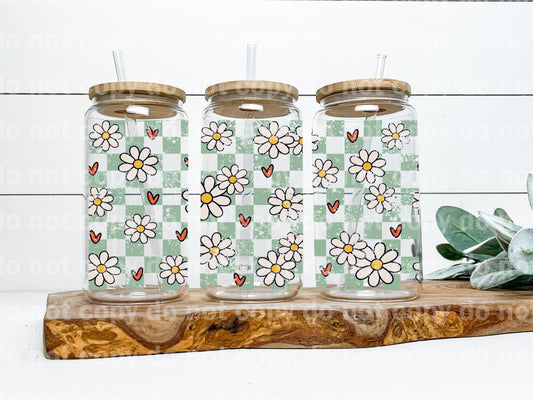 Envoltura de taza de 16 oz con diseño de margaritas y flores a cuadros Groovy