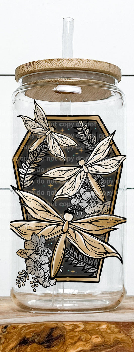 Dragonfly Floral Coffin Gold Gray Decal 3.2 x 4.5