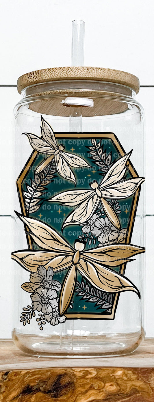 Dragonfly Floral Coffin Gold Teal Decal 3.2 x 4.5