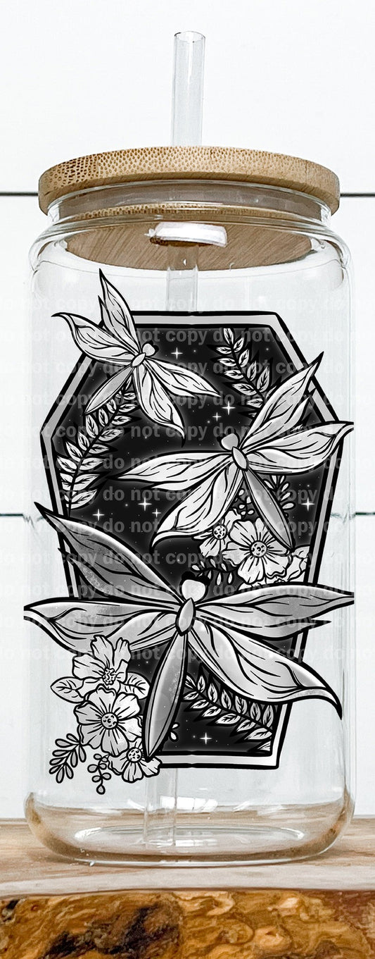 Dragonfly Floral Coffin Grayscale Decal 3.2 x 4.5
