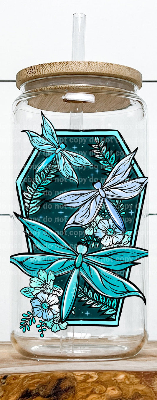 Dragonfly Floral Coffin Teal Decal 3.2 x 4.5