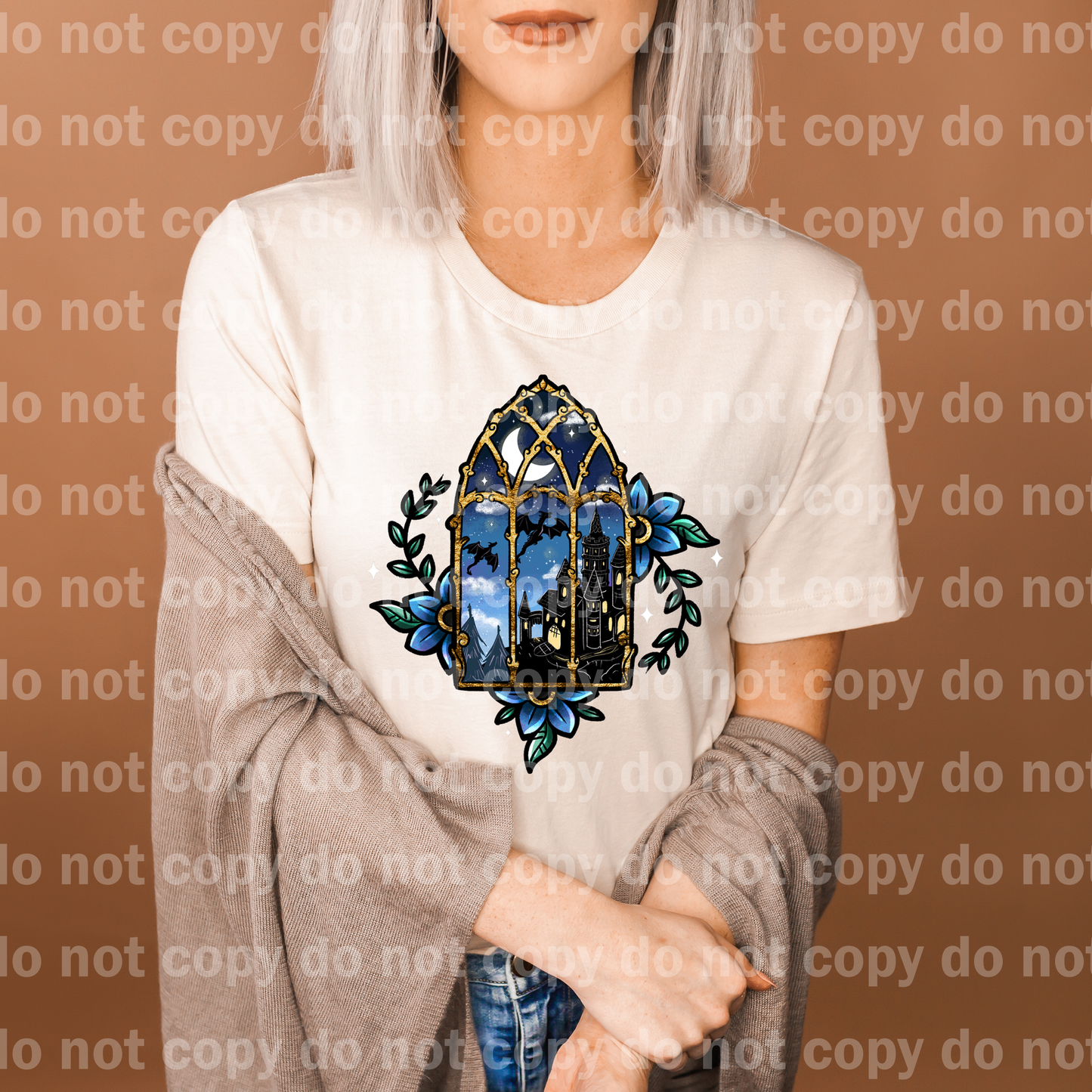 Fantasy Blue Window Floral Black Outline/White Outline